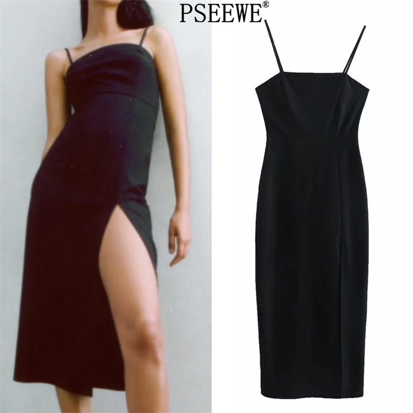 

Black Tube Midi Slip Dress Women Chic Thin Straps Backless Sexy Party Dresses Woman Hem Side Vent Elegant 210519