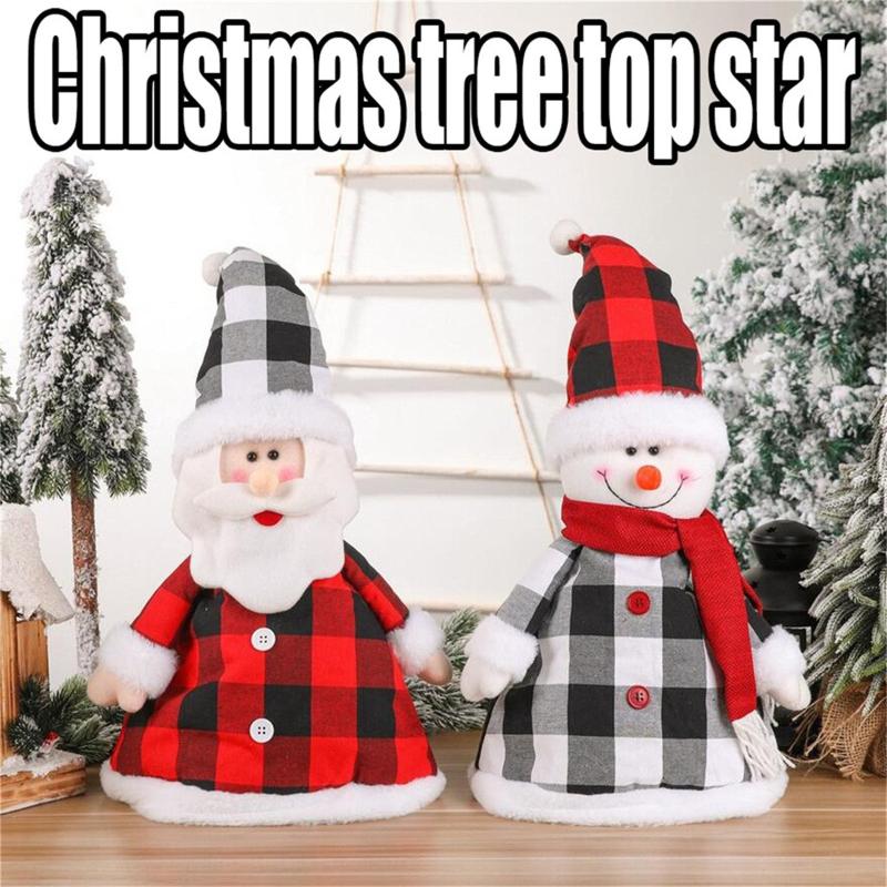 

Christmas Decorations Tree Top Star Red And Black Check Hat Pendant Old Man Snowman Lattice