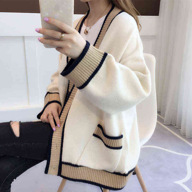 

Women's Cardigan Knitted Korean Fashion Stripe Wool Sweater for Women Winter Long Sleeve V-neck Casual Knitwear Coats Female 211109, Red