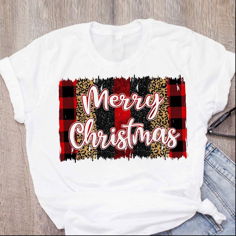 

women t shirt graphic plaid leopard fashion short sleeve clothes merry christmas clothing female printed lady tees, White