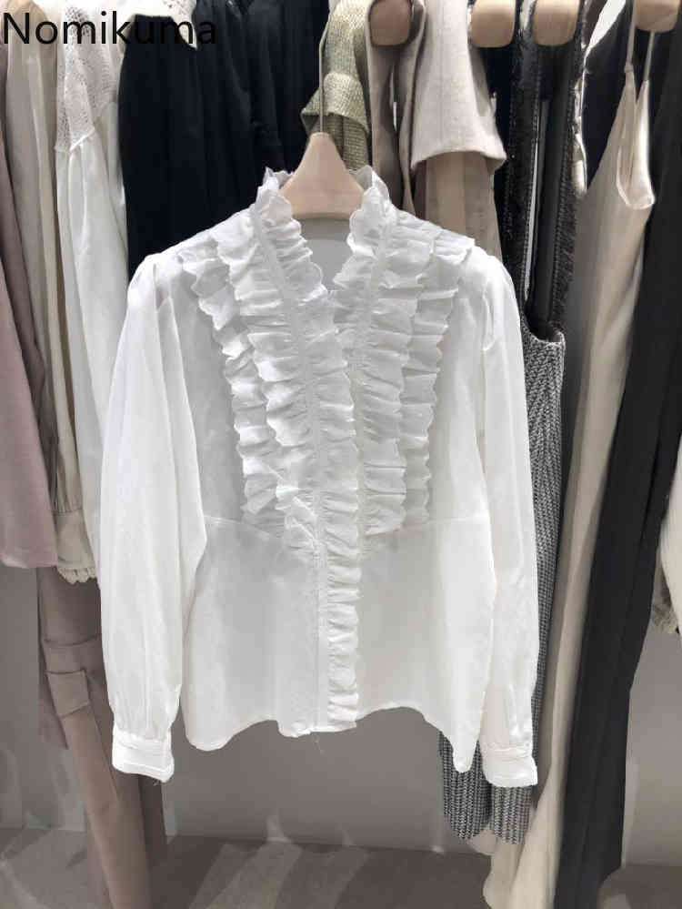 Nomikuma Womens Tops and Blouses Korean Ruffle V-neck Long Sleeve Shirt Spring New Causal Solid Blusas Camisas Mujer 6F535 210427