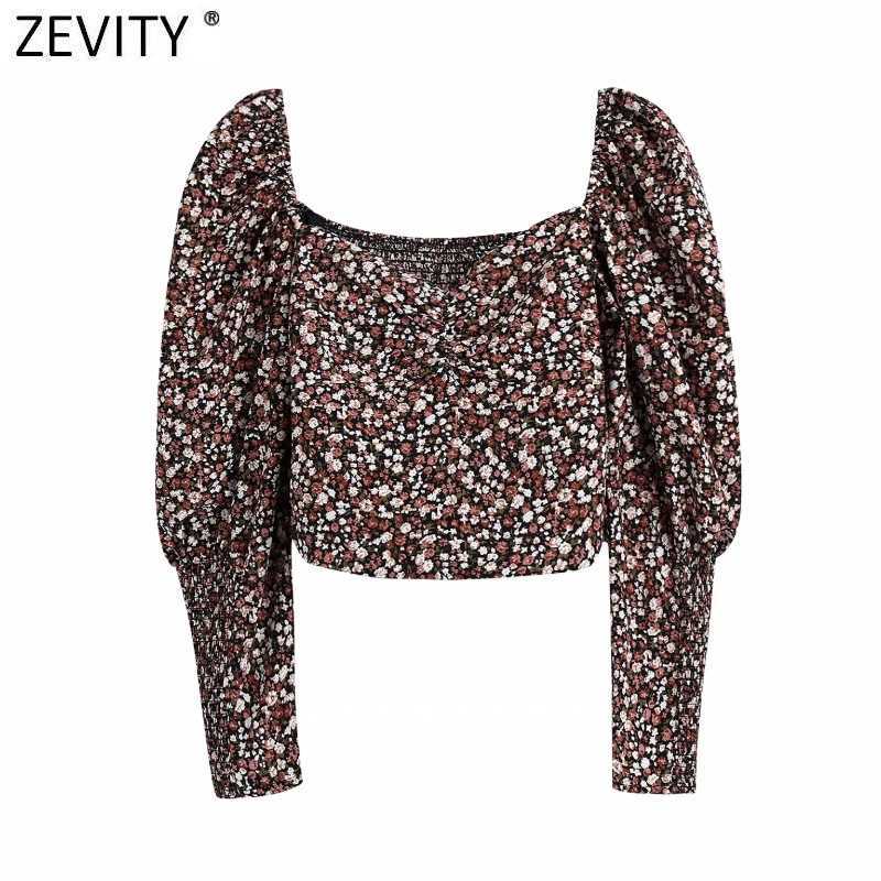 

Zevity Women Vintage Pleats Puff Sleeve Flower Print Short Blouse Female Elastic Shirts Chic Chemise Blusas Tops LS7540 210603, As pic ls7540bb