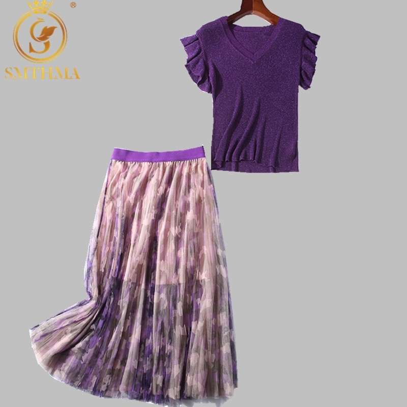 

Autumn Women ruffles sleeve knit sweater tops pullovers +Elastic waist floral print pleated skirt suit two piece set 210520, Photo color