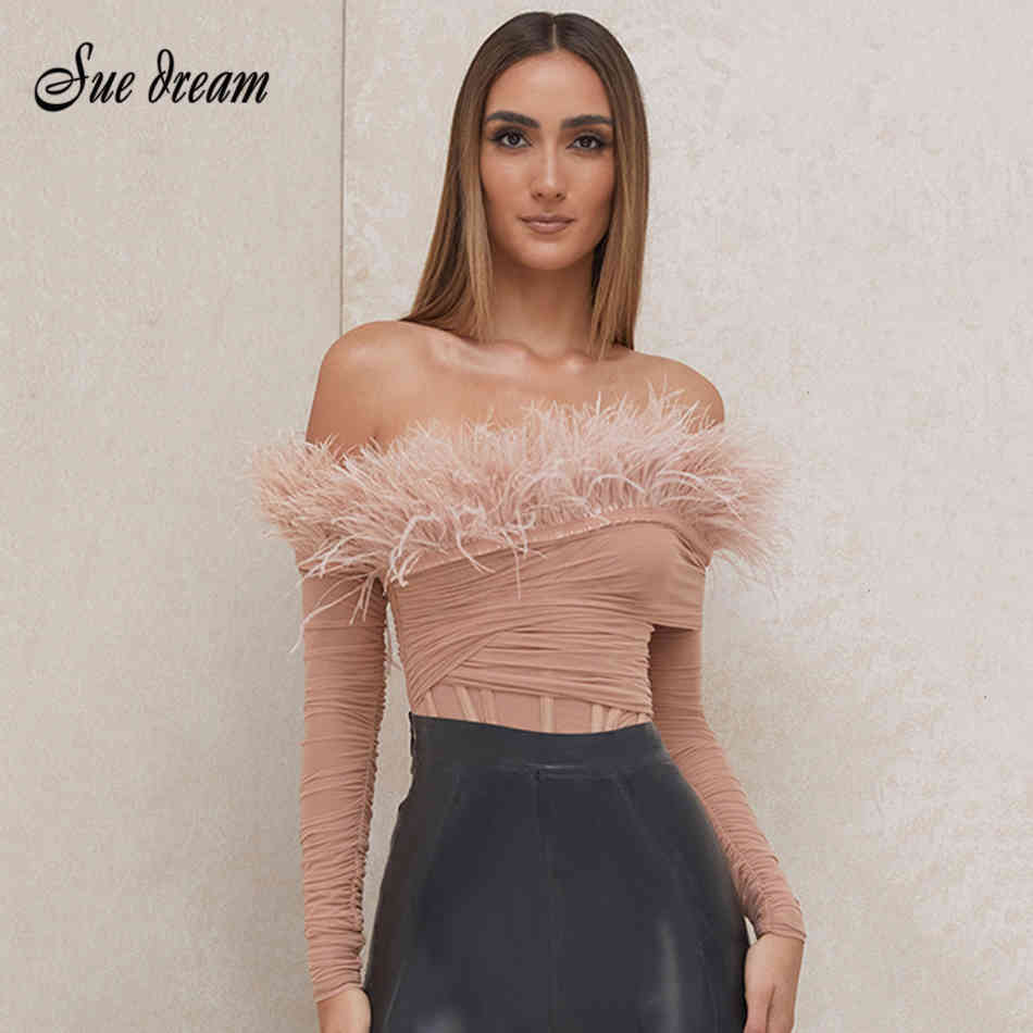 

Sexy Pink Feather Off Shoulder Long Sleeve Bandage Bikini Bodysuits Winter Women's Club Party Skinny Rompers 210519, Beige