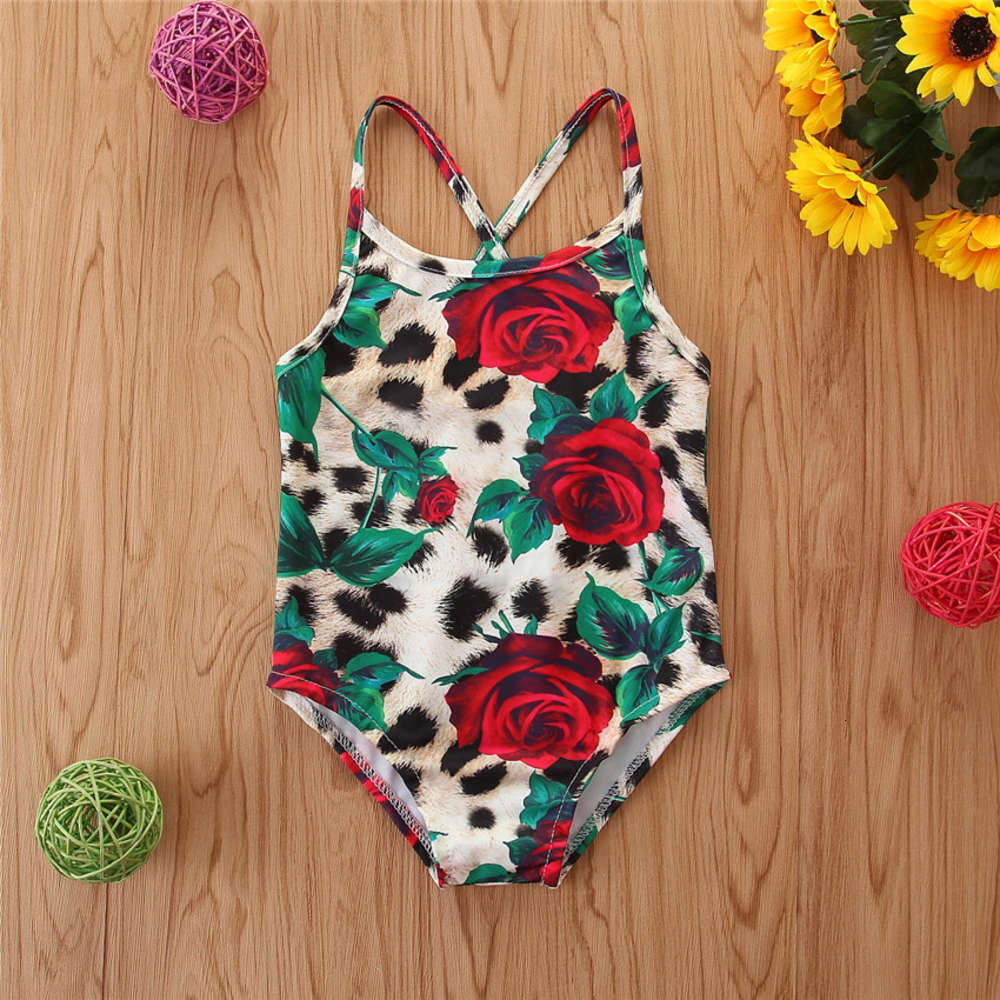 

Children's suit Children's wear spring and summer ins girls' sleeveless rose print triangle one piece children's swimsuit, Black