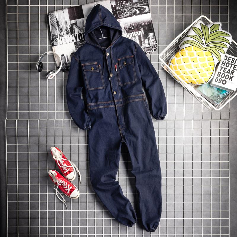 

men's tracksuits work overalls jumpsuit for men denim jeans pants long sleeve hooded suit one piece jumper autumn winter casual workwea, Gray
