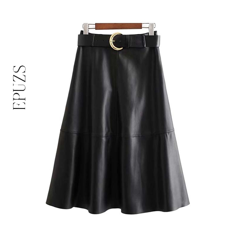 

Vintage belt PU leather midi skirt womens high waist Streetwear casual black pleated full korean faldas mujer 210521