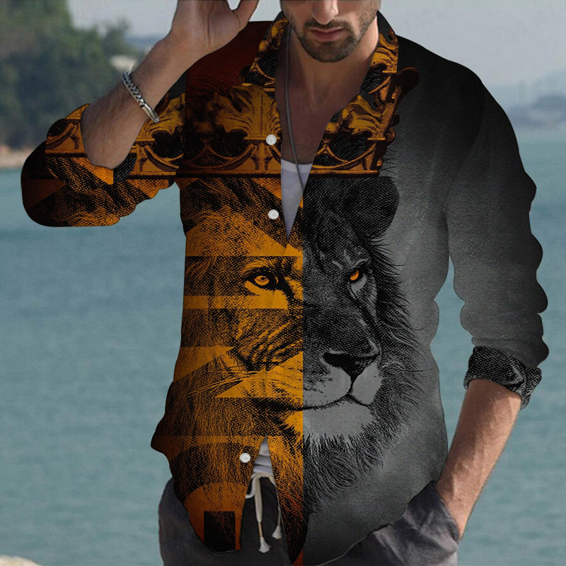 

lion Solid stripe mens long-sleeved shirt high quality comfortable fit fashion retro style travel office entertainment, White;black