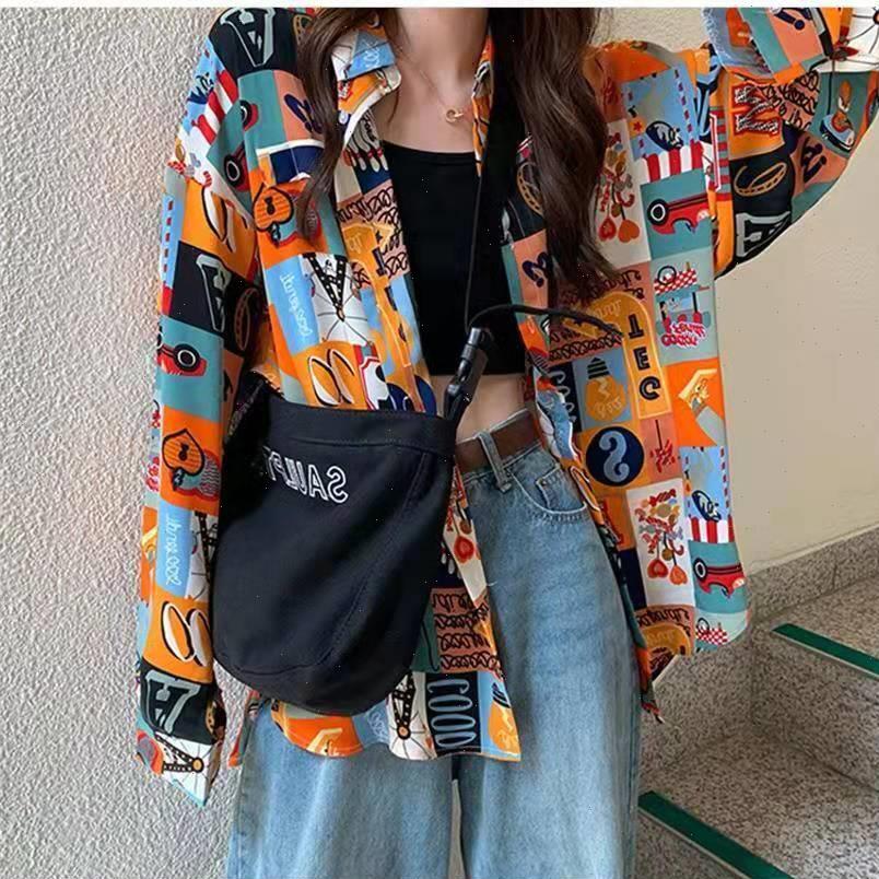 

korean style spring summer womens shirts loose oversize long sleeve cartoon pattern trend clothes female, White