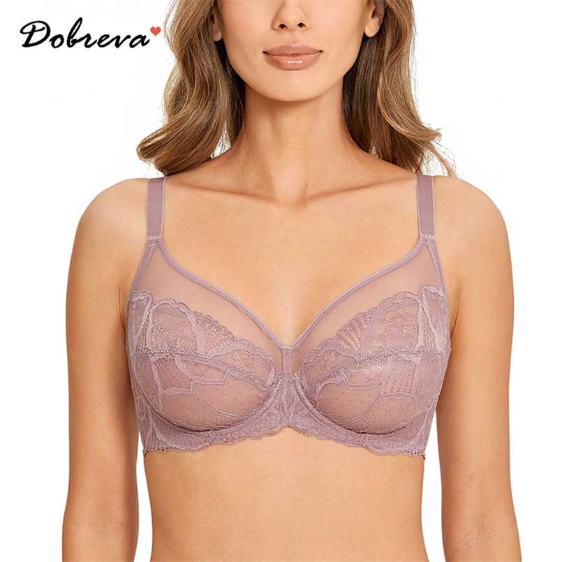 

DOBREVA Women's Unlined Minimizer Lace Bra Plus Size See Through Full Coverage Bralette With Underwire 211110, Rose brown02