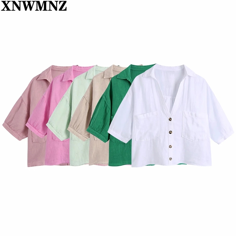 

Cropped Linen Summer Shirt Women Short Sleeve Button Up Vintage Top Female Patch Pockets Pink Green White Blouse Shirts 210520, Khaki