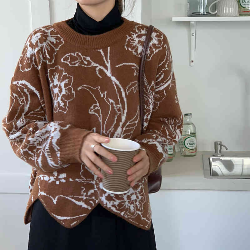 

Qooth Knitting Jumper Fashion Pullovers Women Autumn Knitted Jacquard Knit Sweater Floral Print Jumper Sweaters QT243 210518, Coffee
