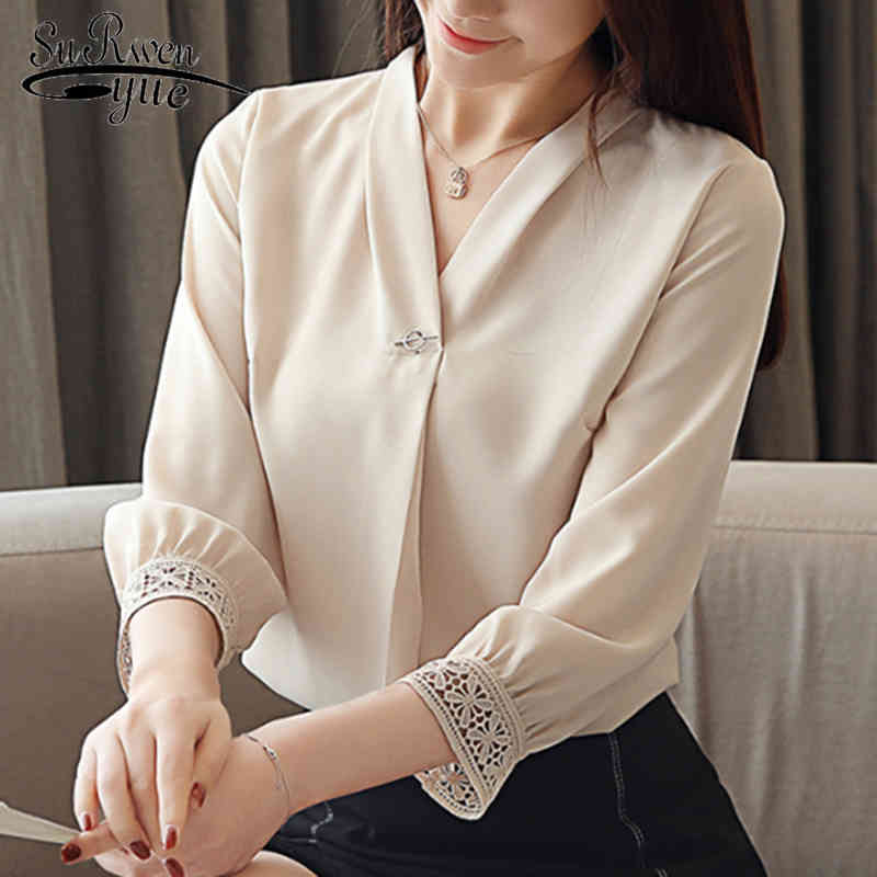 

Spring Autumn Women Tops and Blouses Solid V-neck Chiffon Shirts Hollow Lantern Sleeve Office Ladies Blouse Blusas 6787 50 210521, Beige