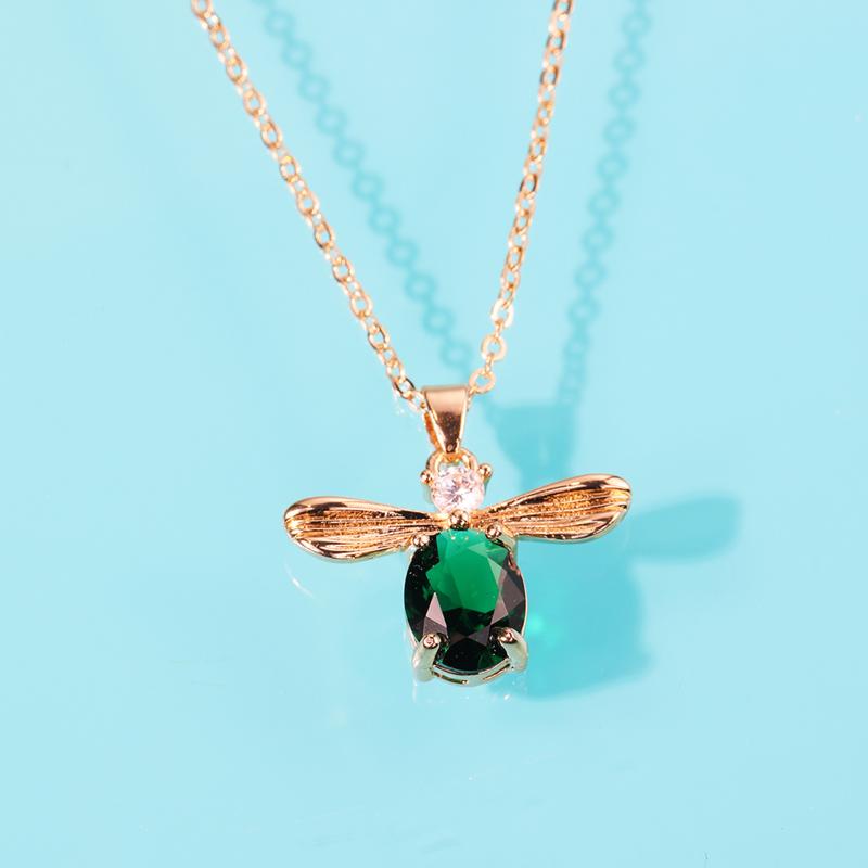 

Korean Copper Inlaid Green Zircon Bee Pendant Necklace Ladies Charm Jewelry Chains, Silver
