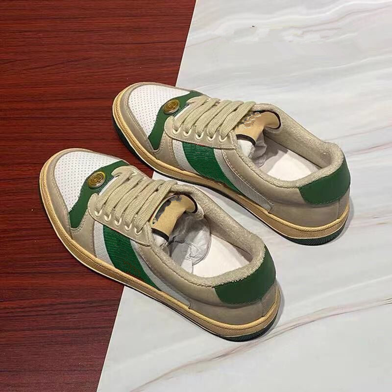 

Sneaker beige Butter Dirty leather Shoes running vintage Red and Green Web stripe Luxurys Designers Sneakers Bi-color rubber sole Classic Casual