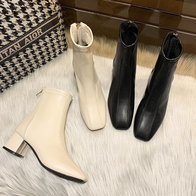 

dress shoes women ankle boots pu leather feet length for square toe chelsea boot fashion high heel ladies mid botas 35-40 t6dp, Black