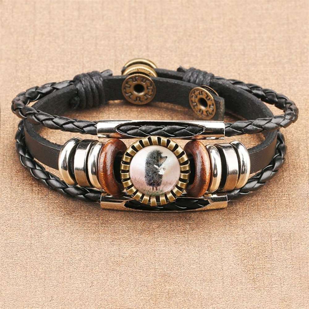 

NH cartoon hedgehog punk wind cow leather woven Bracelet women's handmade jewelry, Golden;silver