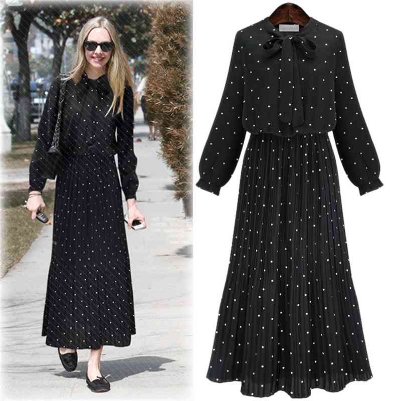 

Autumn new long sleeve dress women's large Chiffon pleated skirt, Black