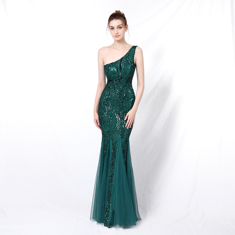 

2021 new mermaid evening dress sexy one-shoulder women's party dinner party, Green