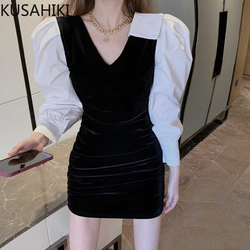 

Vintage Hit Color Patchwork Puff Sleeve Dresses Korean V-neck Slim Mini Vestidos Spring Women Dress 6E538 210603, Black