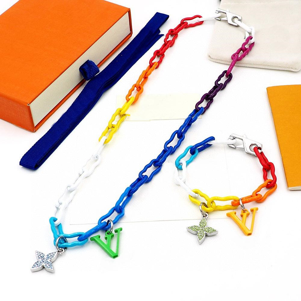 

French master design jewelry men rainbow Charms Necklace watercolor bright lacquer coated on ceramic chain fashion bracelet holiday gift, Silver