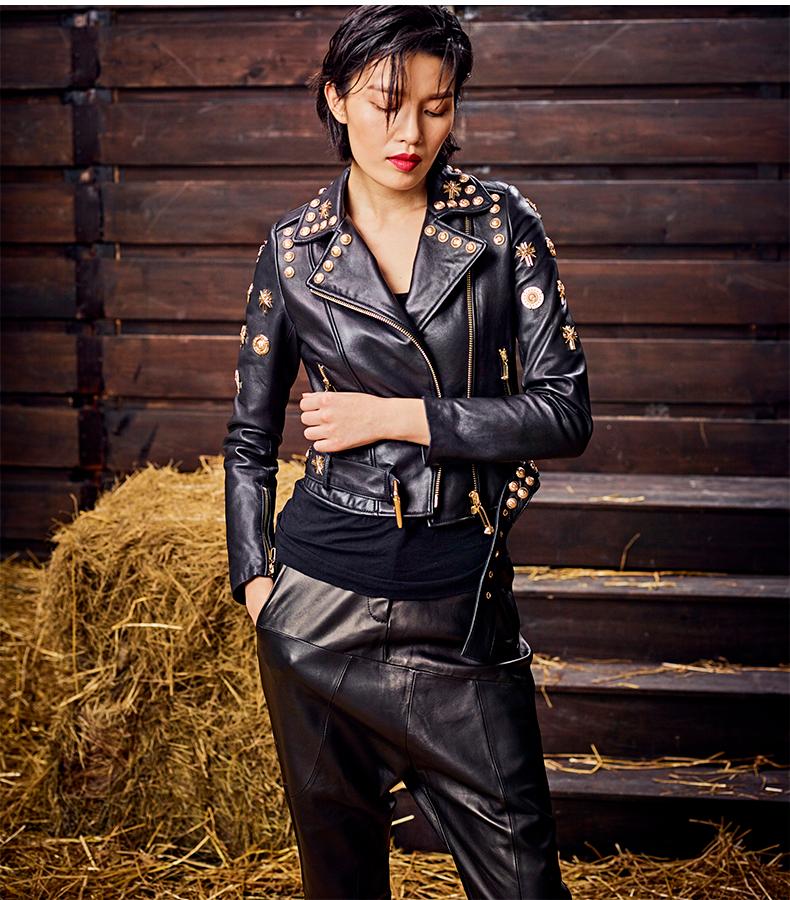 

Women's Leather & Faux Genuine Sheep Jacket Lady Lambskin Top Wear, Black