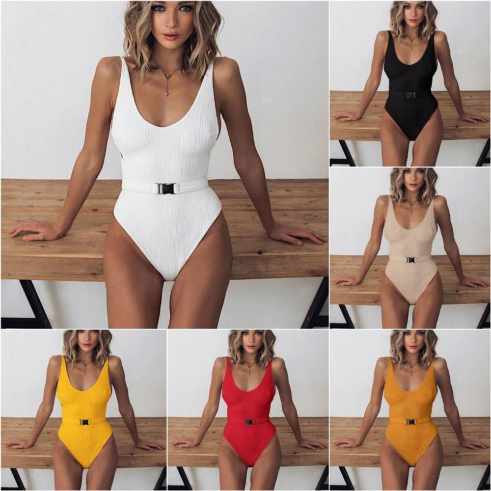 

2020 Woman One Piece Swimming Suit Solid Color Bikini With Belt Backless Beach Swimsuits Muti Colors, White