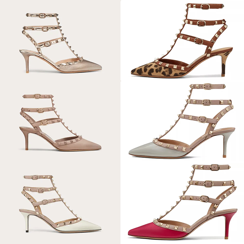 

High Heels Sandals Women shoes Genuine Leather Slingback Pumps Ladies Sexy Fashion Rivets with box K9hV#, Black