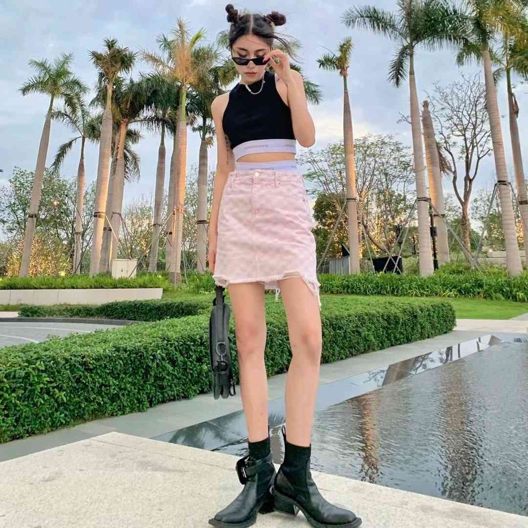 21s spring and summer new aw King edging checkerboard denim pink light blue trend women's skirt-image-713476460