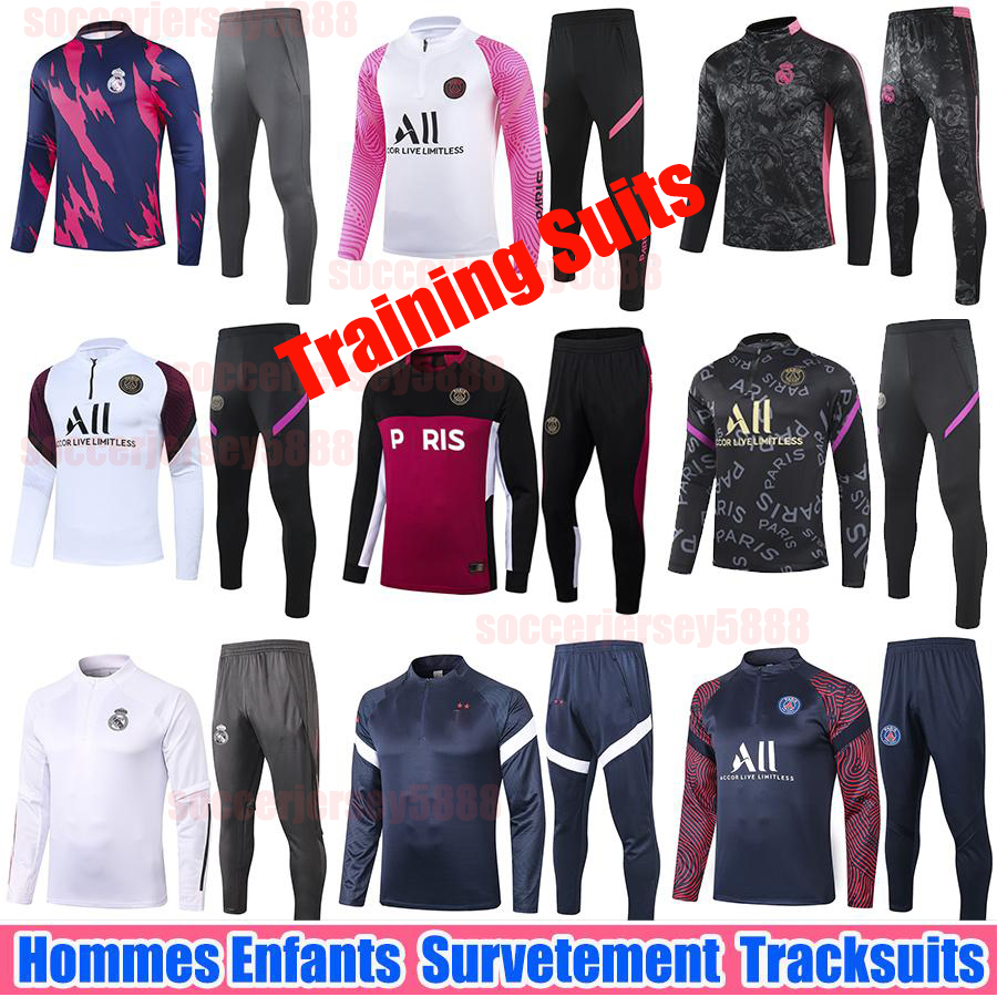 

real madrid Men Football Training Suits 20 21 Paris Soccer Tracksuit 2021 MBAPPE POGBA Survetement Maillots de Foot Enfants Kids Chandal Kit, Black