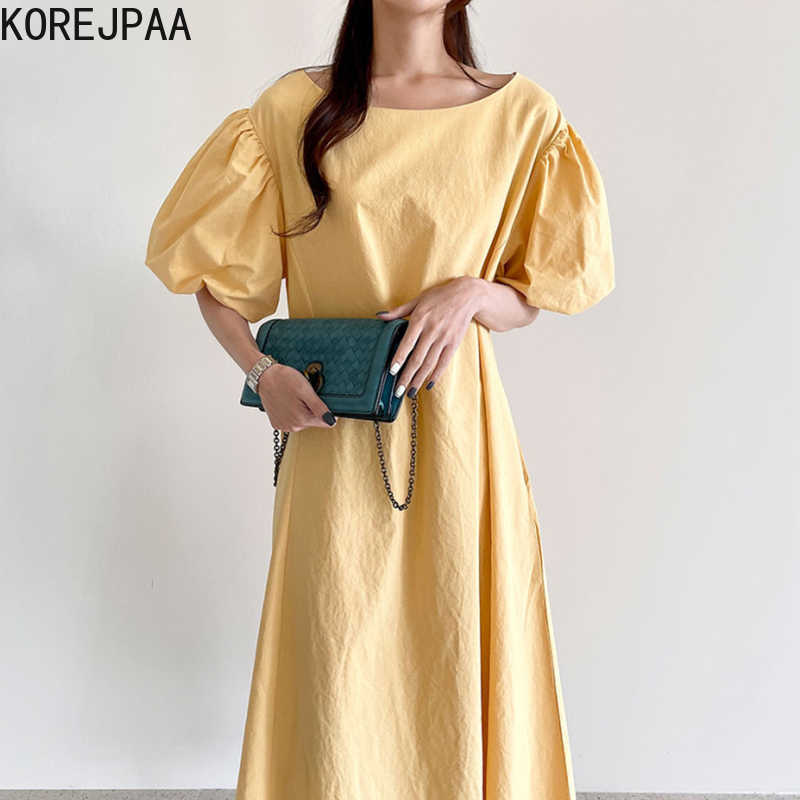 

Korejpaa Women Dress Summer Korean Fashion Chic Casual Solid Color O Neck Loose Versatile Bubble Sleeve Long Vestido Female 210526, Yellow