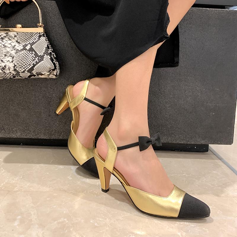 

Fashion Sandals Women 2021 Summer Classic Same Style Golden Stitching Cute Bow Tie High Heels Open Shoes Size 33-41, Black