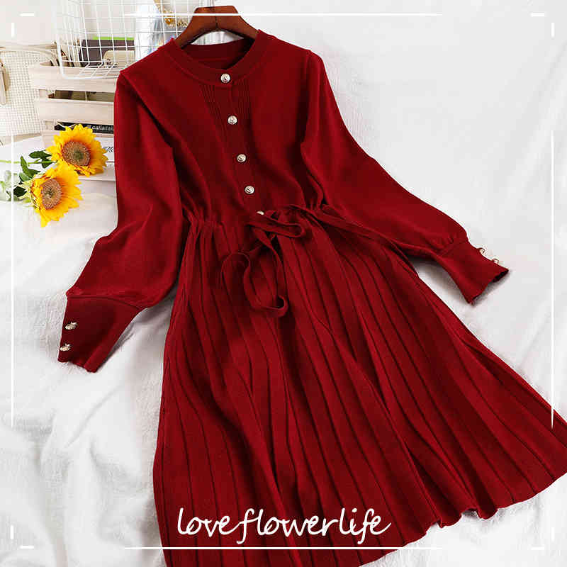 

LoveFlowerLife Spring Autumn Vintage Solid A Line Dress O Neck Button High Waist Knitting Mid Calf Women Dresses 210521, Apricot