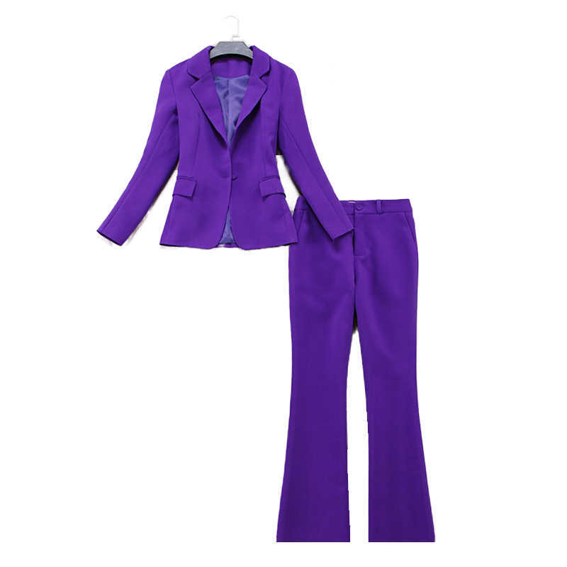 

Purple suit women' autumn and winter high-quality fashion business wear temperament slim flared pants 2-piece 210527