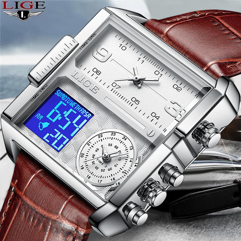 

Wristwatches LIGE 2021 Top Mens Watches Square Digital Sports Quartz Wrist Watch For Men Waterproof Stopwatch Relogio Masculino, Quartz watch white