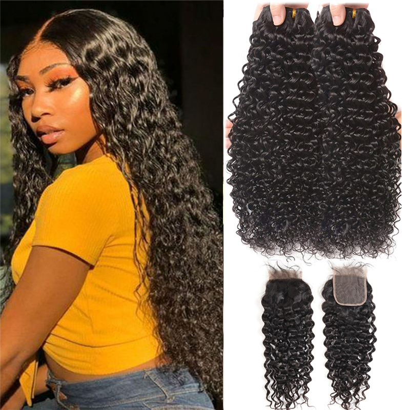 

100% Unprocessed Brazilian Virgin Human Hair Water Wave 2 Bundles With 4x4 Transparent Lace Closure Free Part Natural Black, Natural color