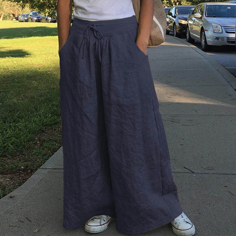 

Women' Pants & Capris Celmia 2021 Fashion Casual Solid Wide Leg Women High Waist Loose Palazzo Retro Linen Office Ladies Trousers Pantalon, Black