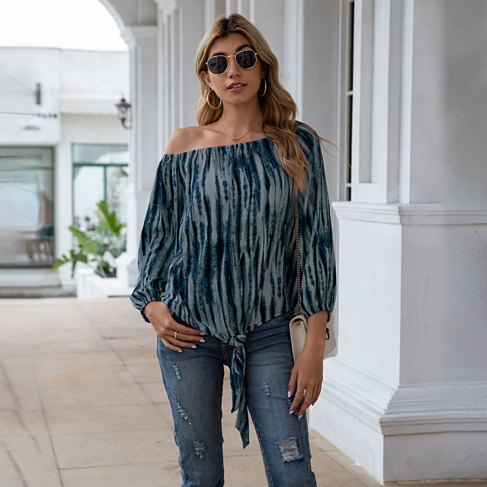 

Women Autumn Casual Print Off Shoulder Long Sleeve Party Tops Blouses T-Shirts, White