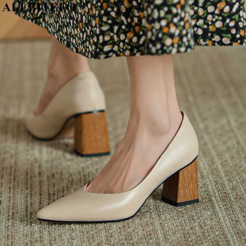 

ALLBITEFO Wood grain thick heel design soft genuine leather high heels women pumps fashion sexy women heels party wedding shoes 210611, As picture
