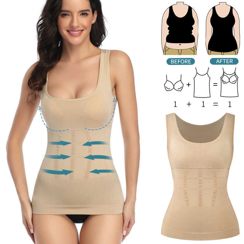 

Women Padded Shapewear Camisole Body Shaper Compression Shirt With Pads Waist Trainer Tummy Slimming Tank Tops Seamless Corset, Beige