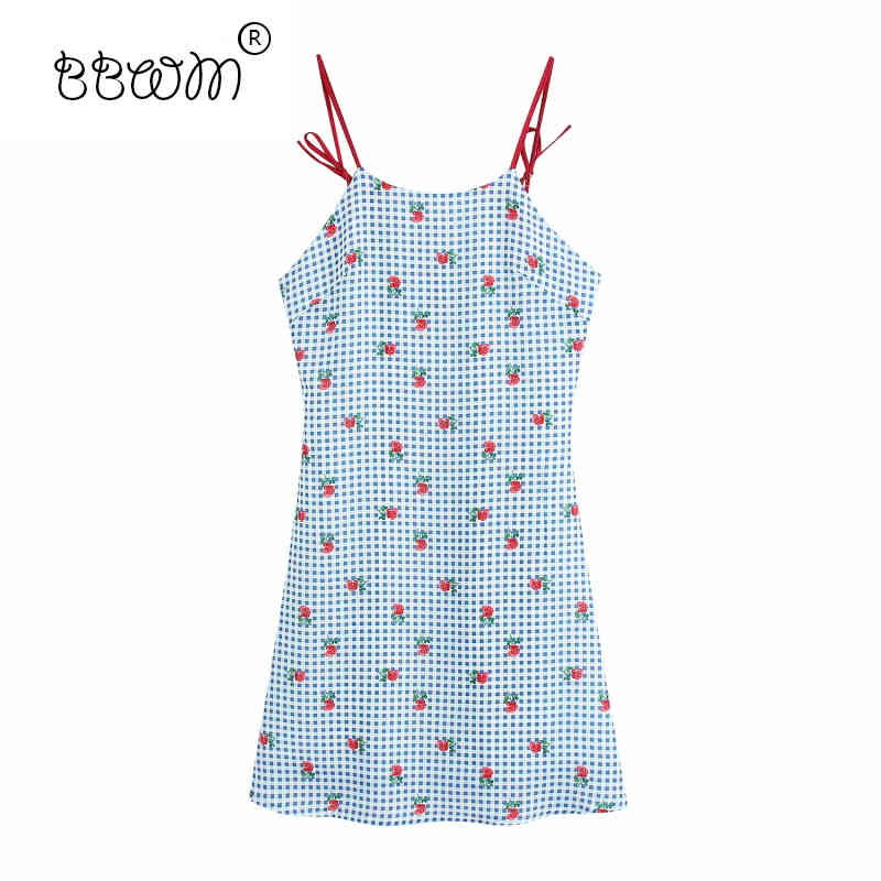 

Women Sweet Fashion Floral Print Plaid Strap Mini Dress Girls Stylish Casual Back Bow Tie Summer Beach Dress 210520, As pic
