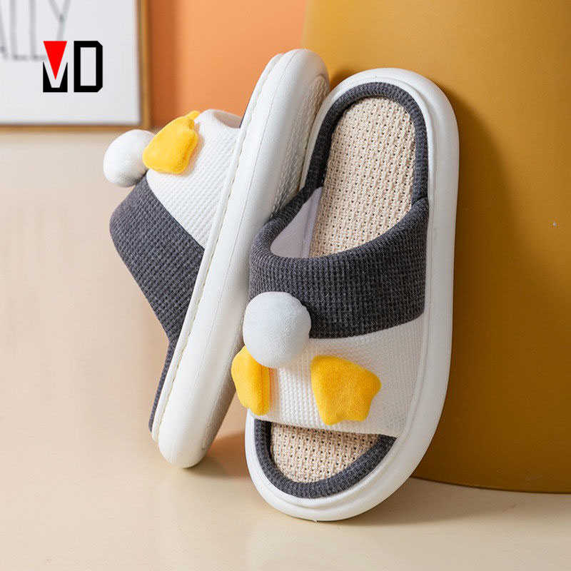 

Mo Dou 2021 New Spring Summer Hemp Cotton Slippers Cute Duck Couples Home Shoes Thick Sole Soft Quality Design Men Women Indoor H0827, Dark grey