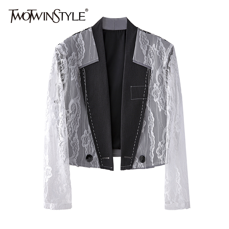 

White Patchwork Lace Elegant Blazer For Women Notched Long Sleeve Hollow Out Short Korean Blazers Female Style 210524, Aspicture