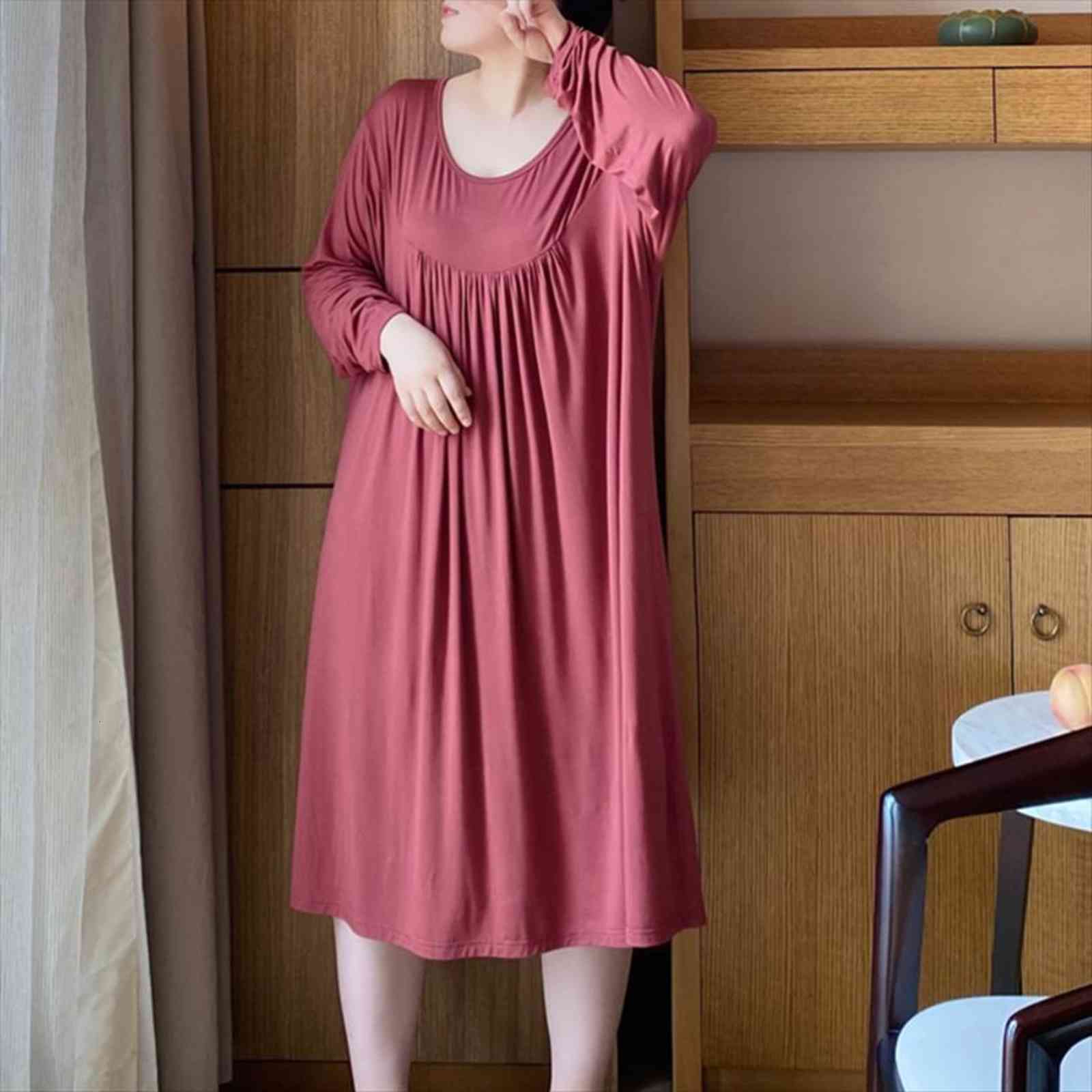 

size 7xl 150kg autumn winter womens sleepwears cotton sleepdress solid color long sleeve loose women o neck comfortable homewear big, Black;red