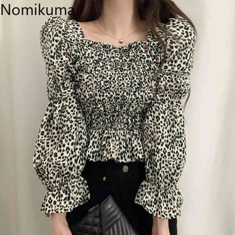 Nomikuma Women Top Blouses Korean Leopard Square Collar Puff Sleeve Shirts Spring Slim Waist Ruffle Short Blusas New 6F618 210427