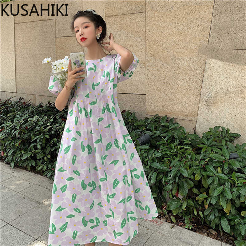 

KUSAHIKI Vintage Floral Women Dress Puff Sleeve O-neck Causal Korean Vestidos Femme Summer High Waist A-line Dresses 6G334 210602, Blue