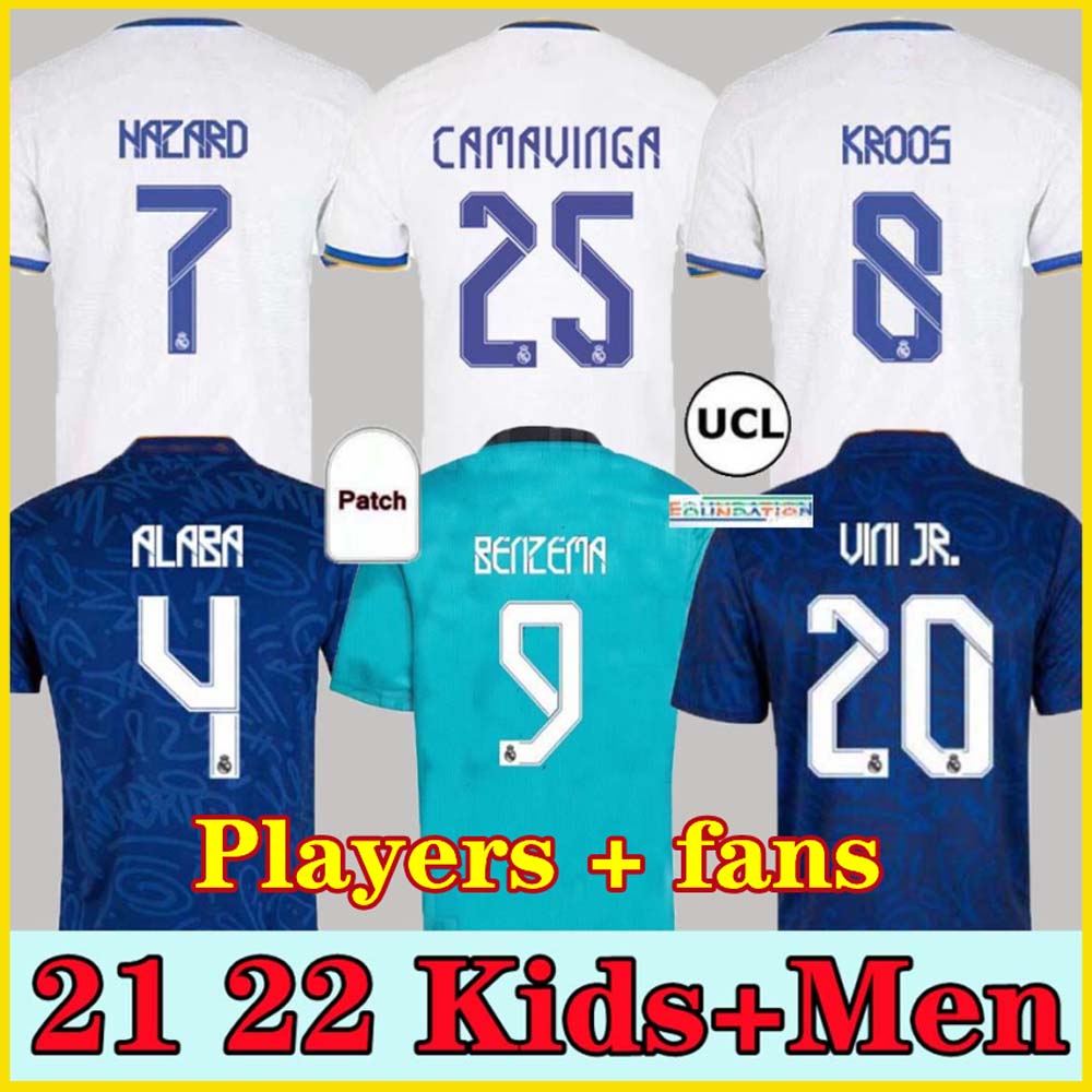 

REAL MADRID jerseys 21 22 soccer football shirt ALABA HAZARD BENZEMA ASENSIO MODRIC MARCELO camiseta men + kids kit 2021 2022 CASEMIRO KROOS ISCO VINI JR. CAMAVINGA, 21 22 away kids size: