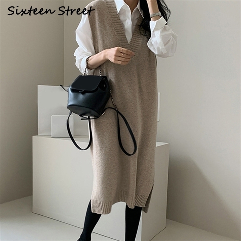 

Autumn Sleeveless Long Knitted Dresses V-Neck Warm Soft Wool Sweater Female Fall Winter Knitwear Women Clothing Gray 211109, Camel