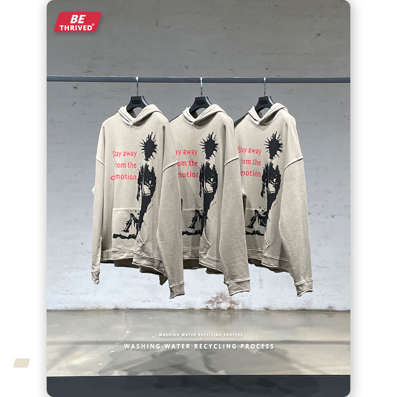 

be men's clothing | 2021 autumn earth color printing loose hem cuffs hoodie high street fashion brand men's sweater, Black