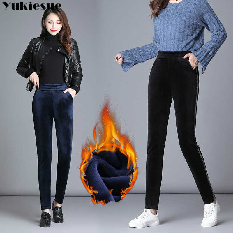 

winter warm thick fleece women's pants female high waist skinny pencil capris for women trousers woman Plus size 210608, Black